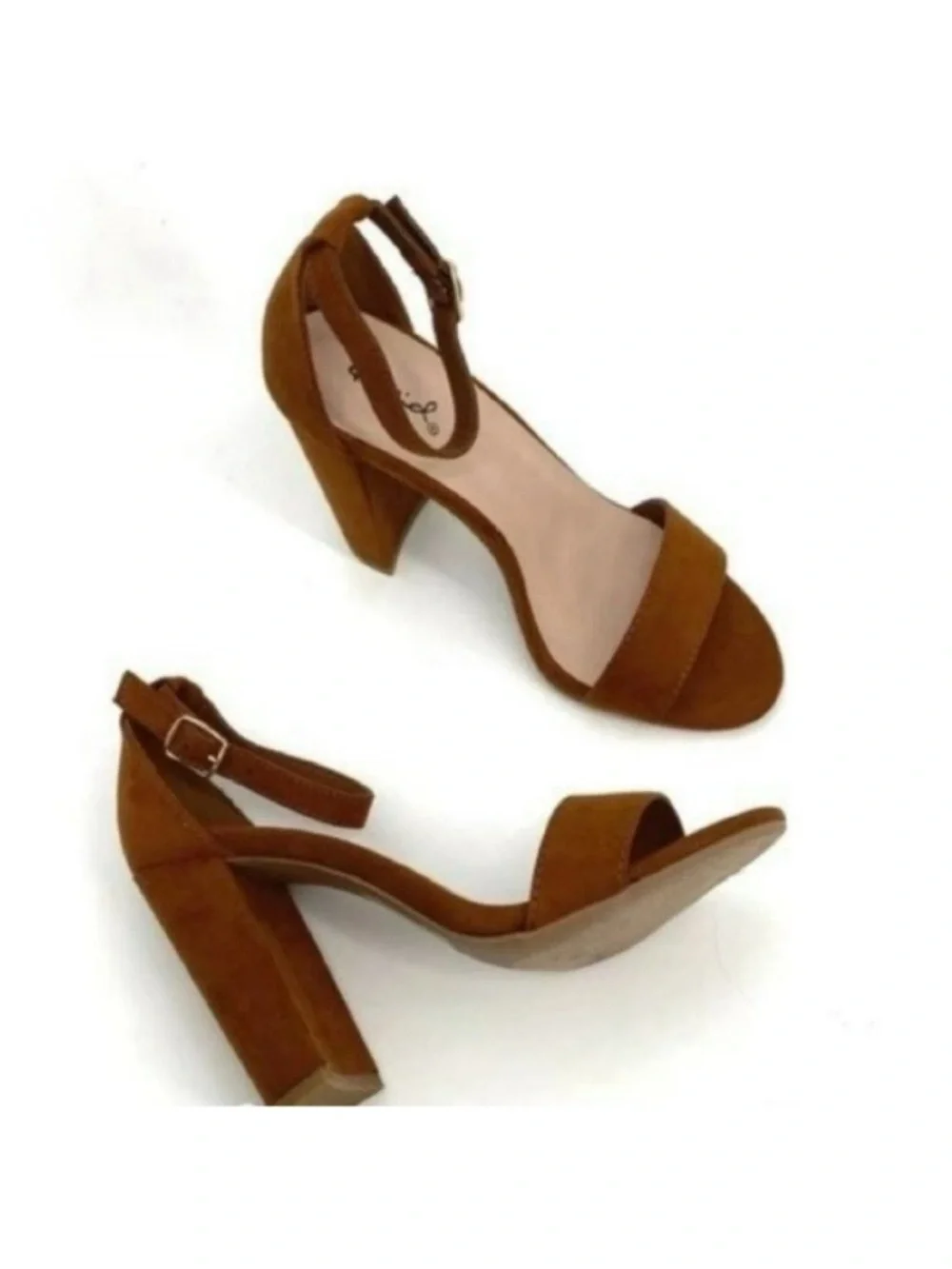 Chestnut Brown suede block heels sandals pumps party peep toe ankle strap buckle